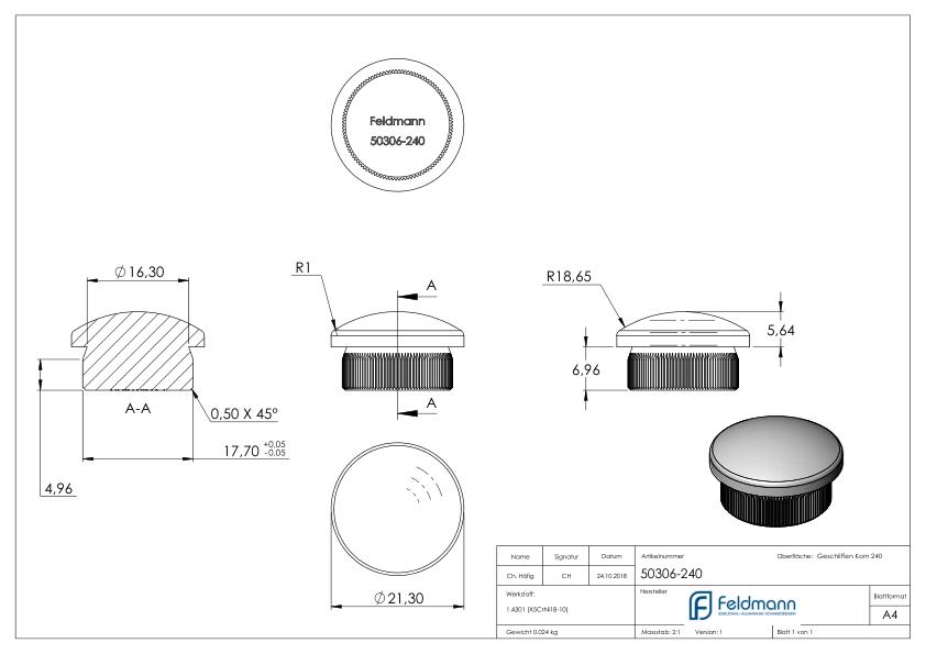 Rohrabschlussstopfen, für Rohr 21,3x2,0mm, V2A