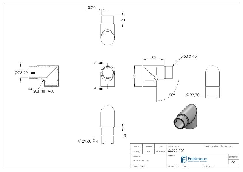 Endbogen 90°, für Rohr 33,7x2,0mm, V2A