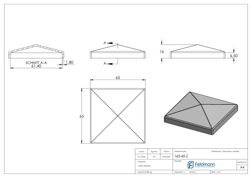 Pfeilerbedecker für Rohr 60x60mm, verzinkt