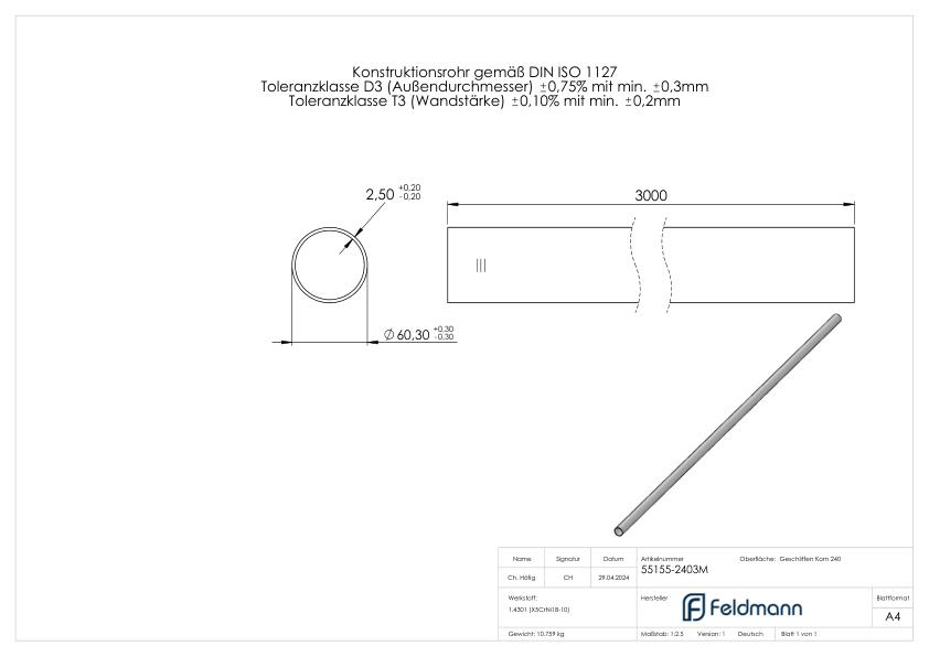Edelstahlrohr, 60,3x2,5mm, L: 3000mm, V2A