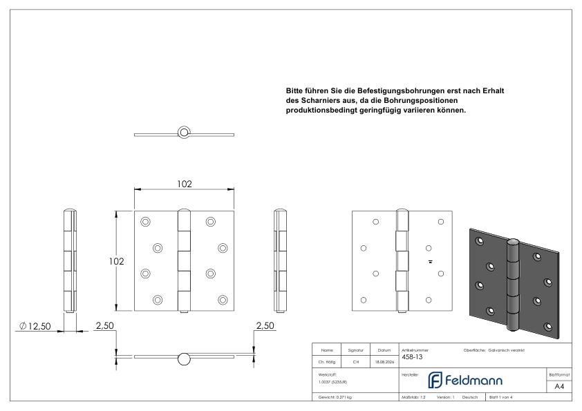 Scharnier 102x102x2,5mm mit herausnehmbaren Zapfen