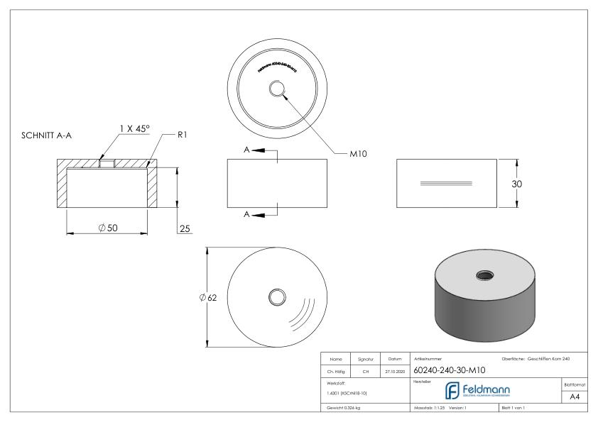 Unterteil für 62mm Glaspunkthalter, T: 30mm, mit M10, V2A