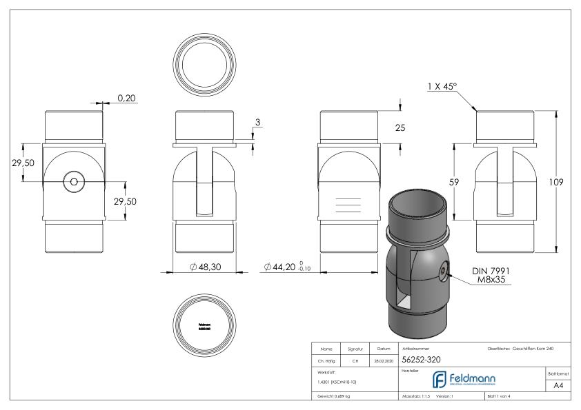 Gelenkstück, für Rohr 48,3x2,0mm, V2A