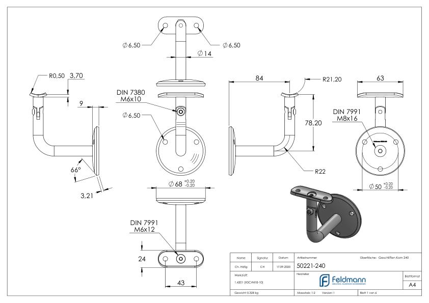 Handlaufhalter mit Gelenk, Handlaufanschlussplatte Rohr 42,4mm (Ronde und Bügel verschraubt), V2A