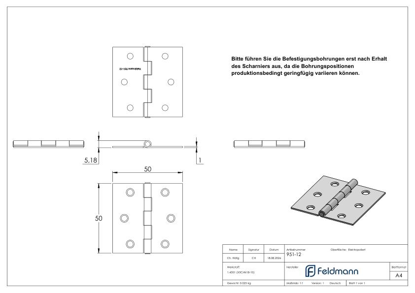 Edelstahl-Scharnier 50x50mm mit festem Zapfen