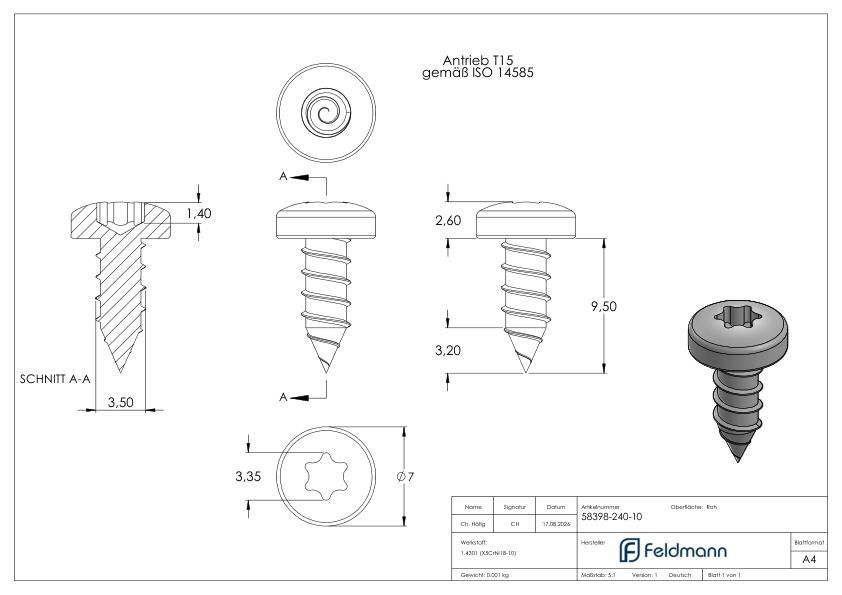 Linsen-Blechschraube 3,5x9,5 mit Torx T15 und Spitze, ISO 14585 V2A