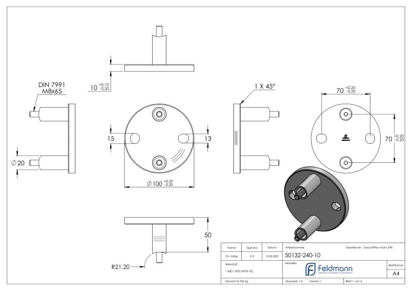Wandbefestigung für Geländerpfosten 42,4mm, V2A