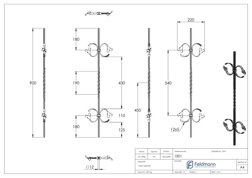 Zierstab 12x12mm, gerillt, Barock, H: 900mm