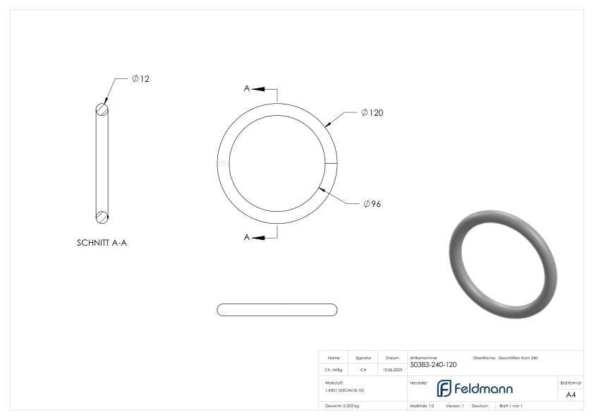 Ring aus Ø 12mm, Außen-Ø 120mm, V2A