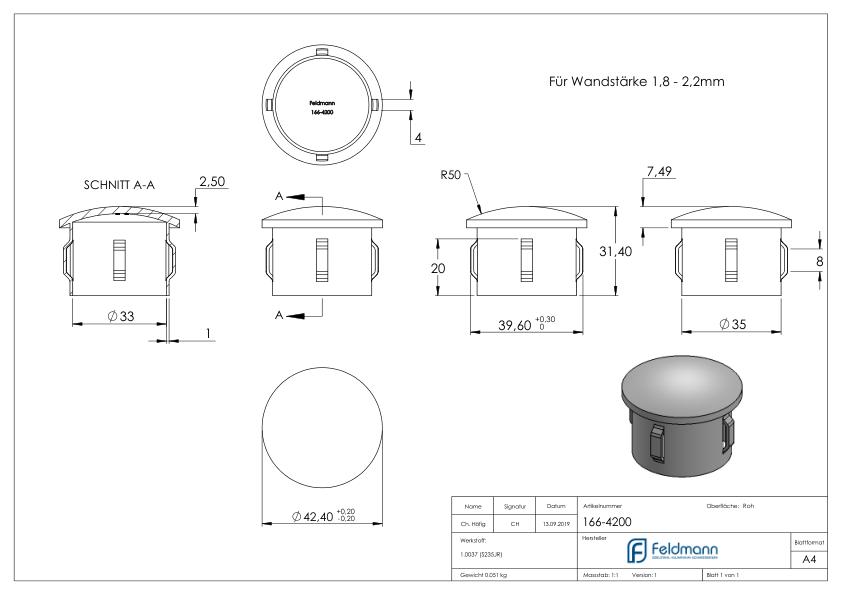 Stahleinschlagkappe, für Rohr 42,4mm