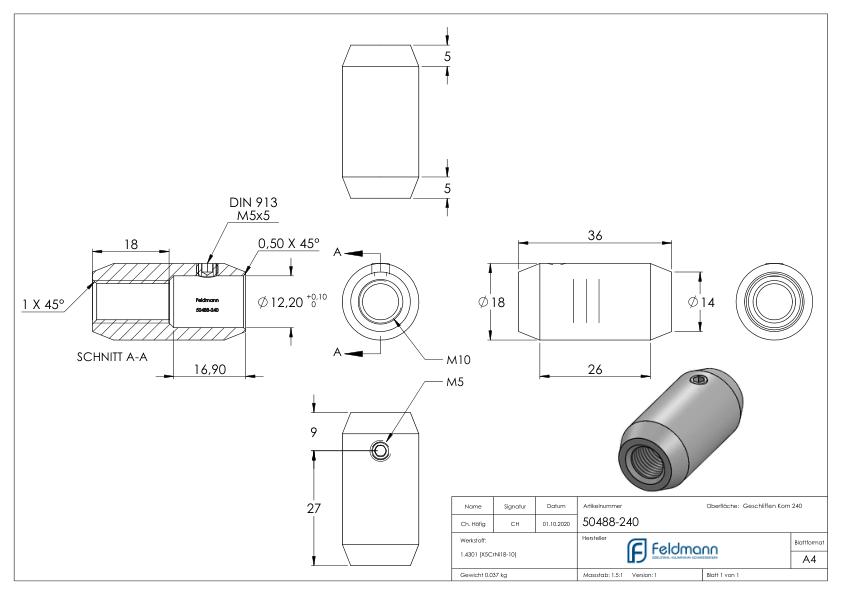 Stabverbinder  Ø18mm mit Gewinde M10 und Bohrung 12mm, V2A