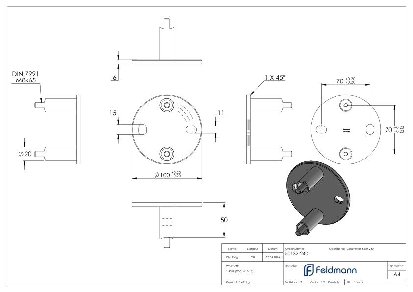 Wandbefestigung für Geländerpfosten 42,4mm, V2A
