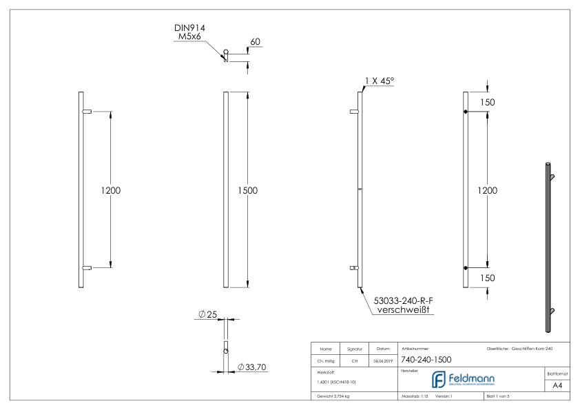 Stoßgriff inkl. Halter gerade mit L: 1500mm, V2A Stoßgriff inkl. Halter gerade mit L: 1500mm, V2A