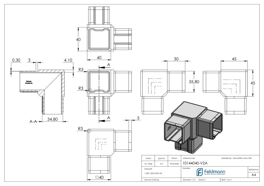 Eckstück 90° mit 3 Abgängen für Rohr 40x40x2,0mm