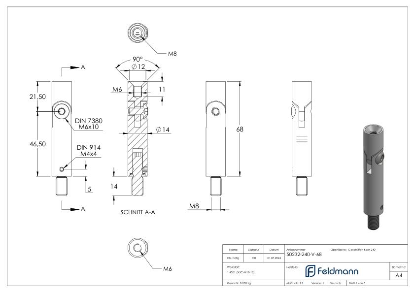 Gelenkstift Ø 14mm, L: 68mm, V2A