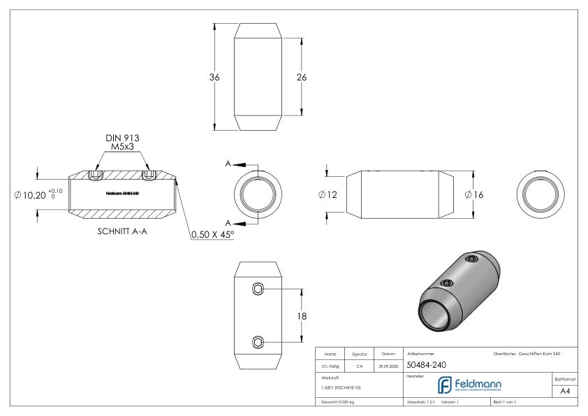 Stabverbinder für 10mm Rund, L: 36mm, Ø 16mm, V2A