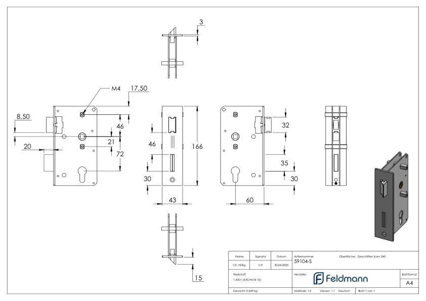 Schloss verzinkt ohne Schlosskasten, 44mm, passend zu 59104-240/ST