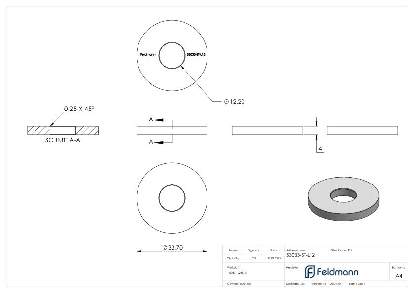 Ronde 33,7x4mm mit Ø 12,2mm Bohrung