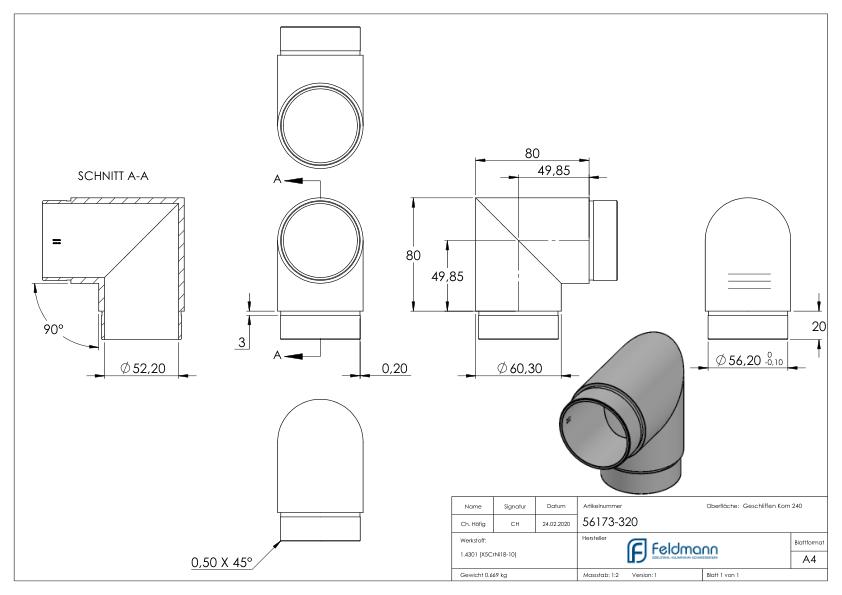 Eckstück 90°, für Rohr 60,3x2,0mm, V2A