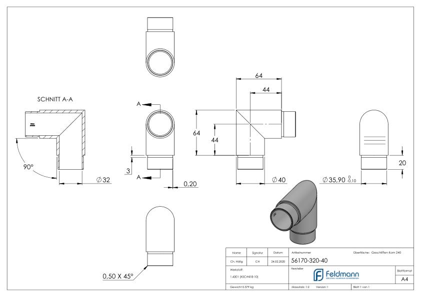 Eckstück 90°, für Rohr 40,0x2,0mm, V2A