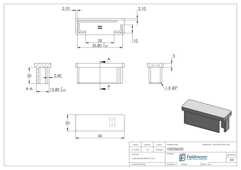 Einsteckkappe, für Rohr 60x20x2,0mm, V4A