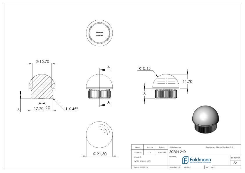 Stopfen, für Rohr 21,3 x 2,0mm, V2A