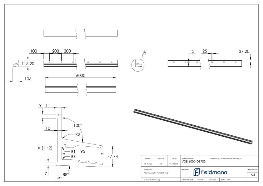 Vordachprofil eleganza canopy, L: 6000mm, DB703