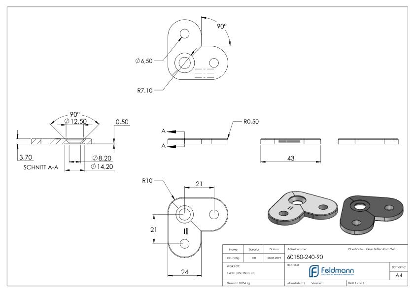 Handlaufanschlussplatte 90°, flach, V2A