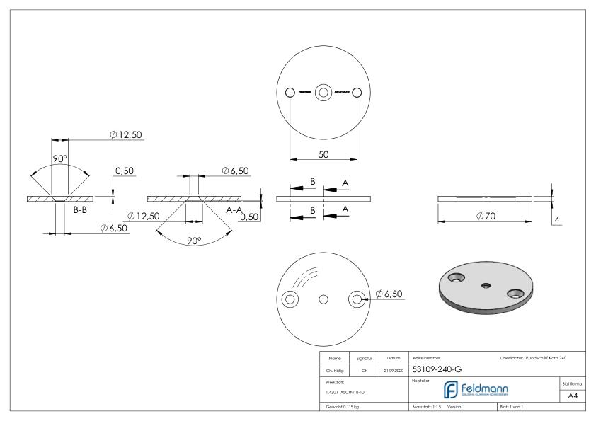 Ronde, Ø 70x4mm, mit Rundschliff, V2A