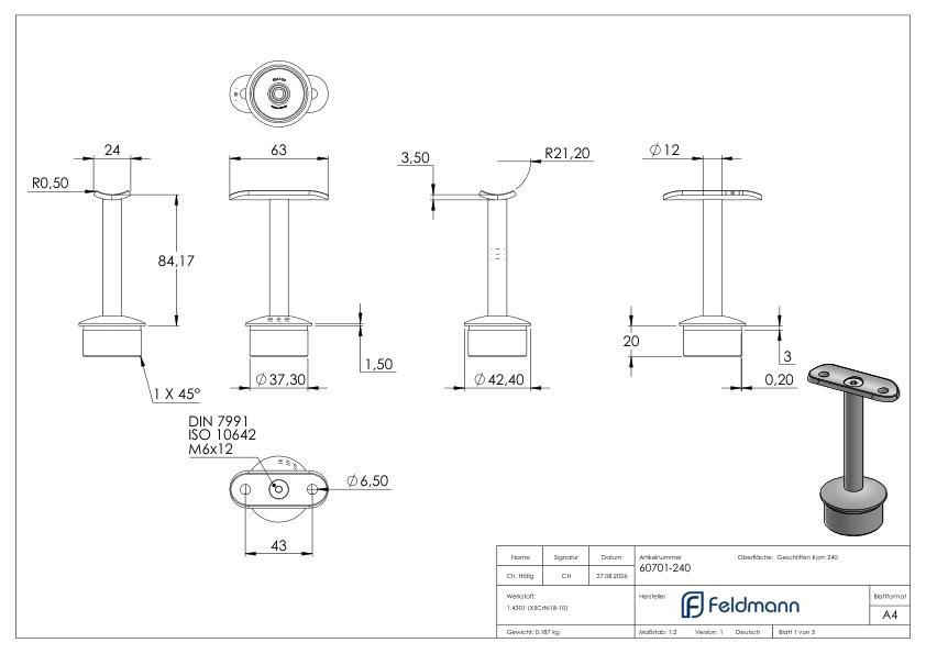 Rohrabschlussstopfen für Rohr 42,4x2,5mm, Handlaufanschlussplatte: 42,4mm, V2A
