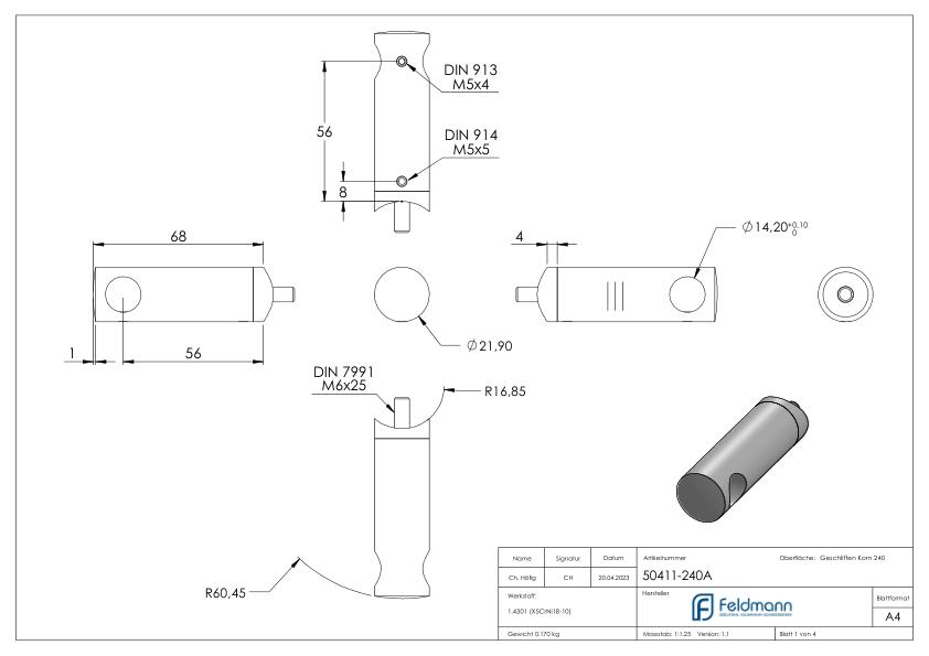 Querstabhalter verlängert, mit Durchgangsbohrung für 33,7mm Rohr, 14,2mm Bohrung, V2A