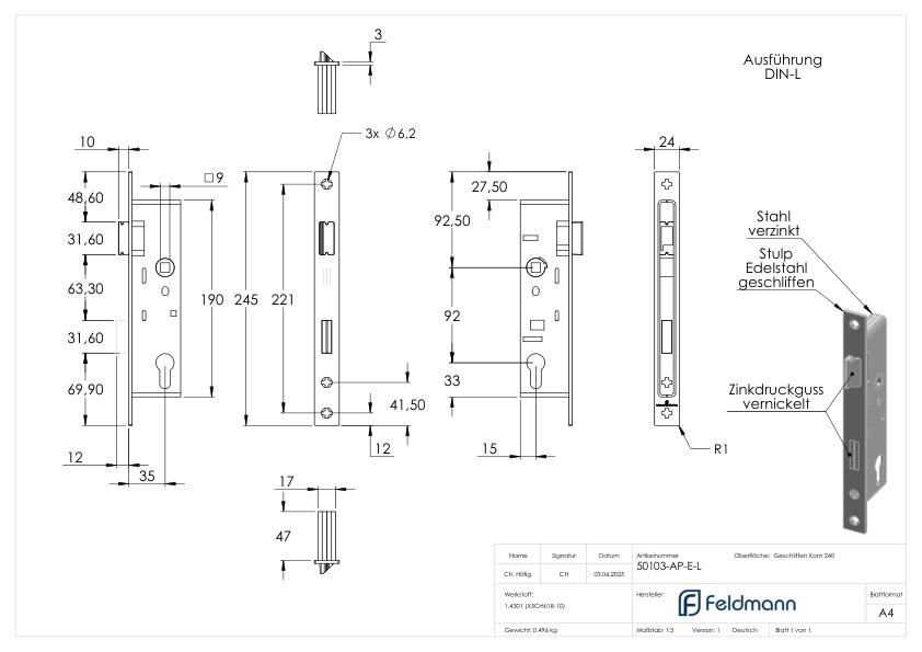 Rohrrahmenschloss verzinkt mit Dornmaß 35mm, mit Anti-Panikfunktion E, DIN links