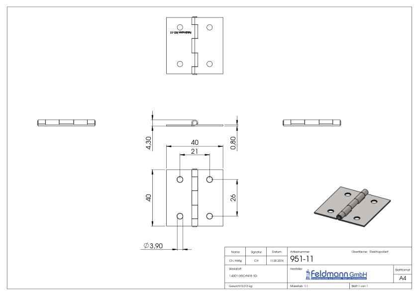 Edelstahl-Scharnier 40x40mm mit festem Zapfen
