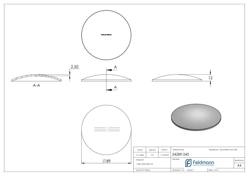 Gewölbte Schale Ø 89x2,5mm, H: 12mm, V2A