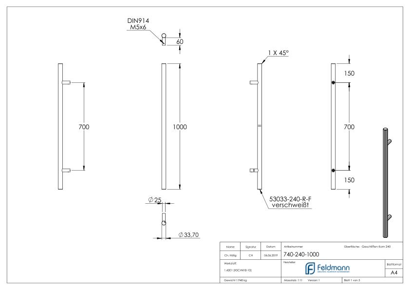 Stoßgriff inkl. Halter gerade mit L: 1000mm, V2A Stoßgriff inkl. Halter gerade mit L: 1000mm, V2A