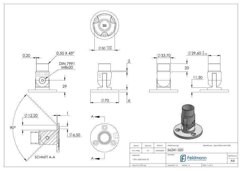Wandhalter flexibel, für Rohr 33,7x2,0mm, V2A