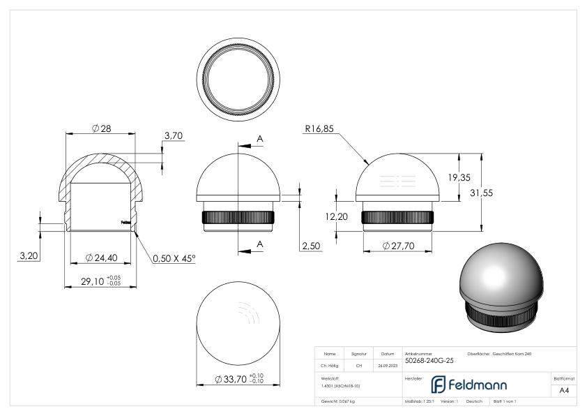 Stopfen, für Rohr 33,7 x 2,5mm, V2A