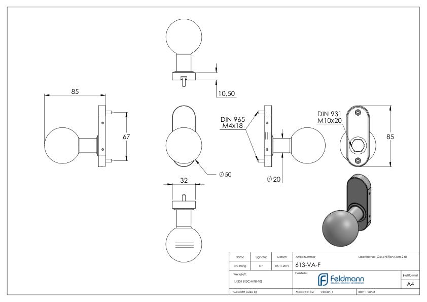 Drückerknopf, Ø 50mm, fest, V2A Drückerknopf, Ø 50mm, fest, V2A