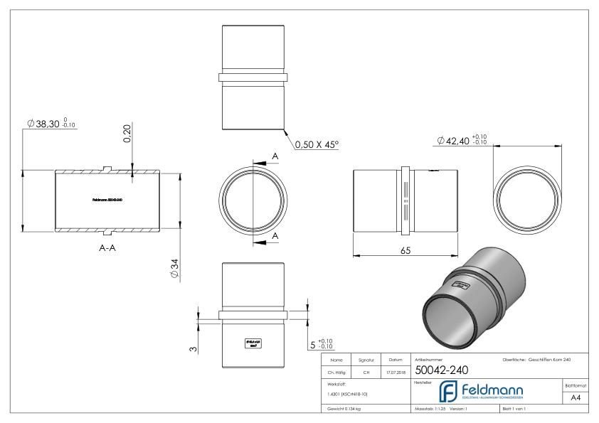 Verbindungsstück für Rohr 42,4x2,0mm, V2A