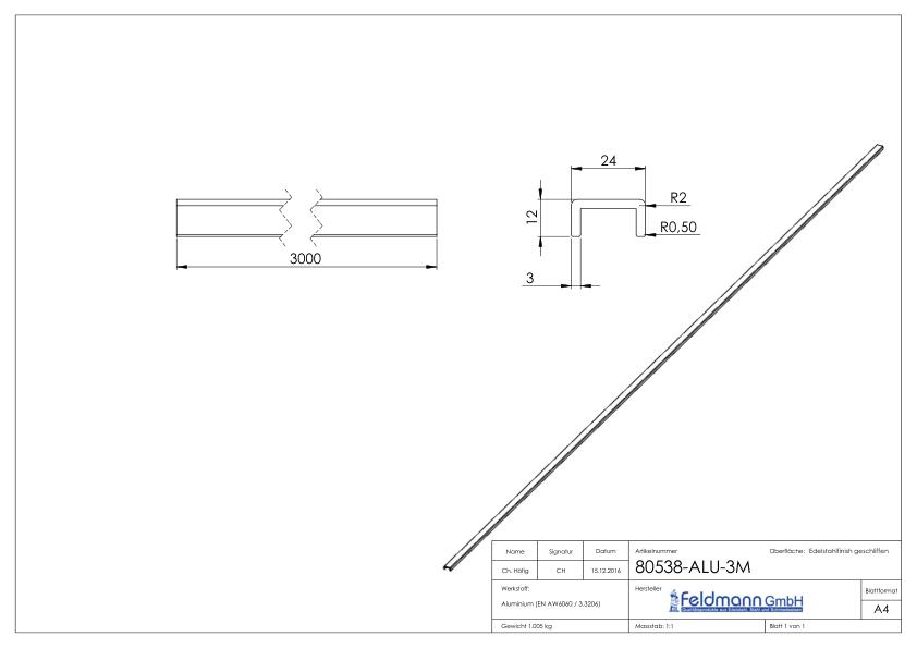 Aluminium-U-Profil, 24x12x3mm, L: 3000mm