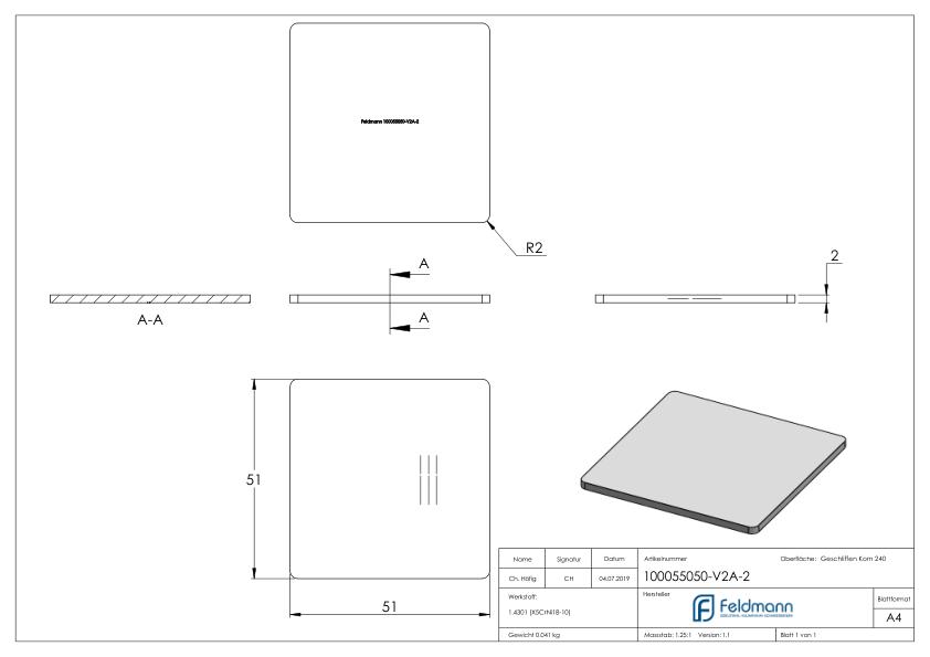Platte zum Anschweißen für Rohr 50x50, V2A