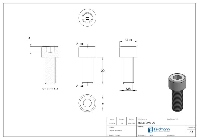 Zylinderkopfschraube M8x20, V2A, DIN 912 Zylinderkopfschraube M8x20, V2A, DIN 912