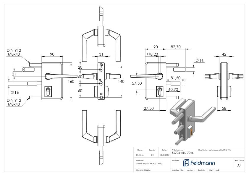 Gittertorschloss GTS 2 für Rohrstärke 60-80mm, Gehäuse RAL 7016