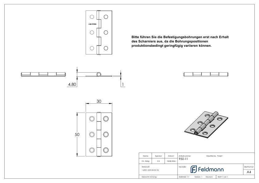 Edelstahl-Scharnier 50x30mm mit festem Zapfen