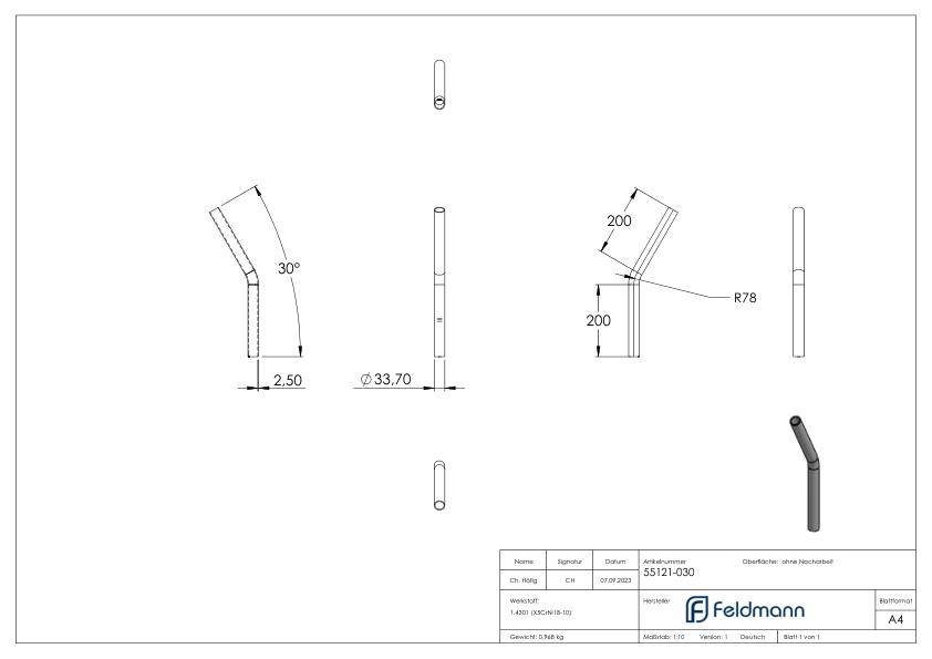 Rohrbogen 30°, aus Rohr 33,7x2,5mm, V2A