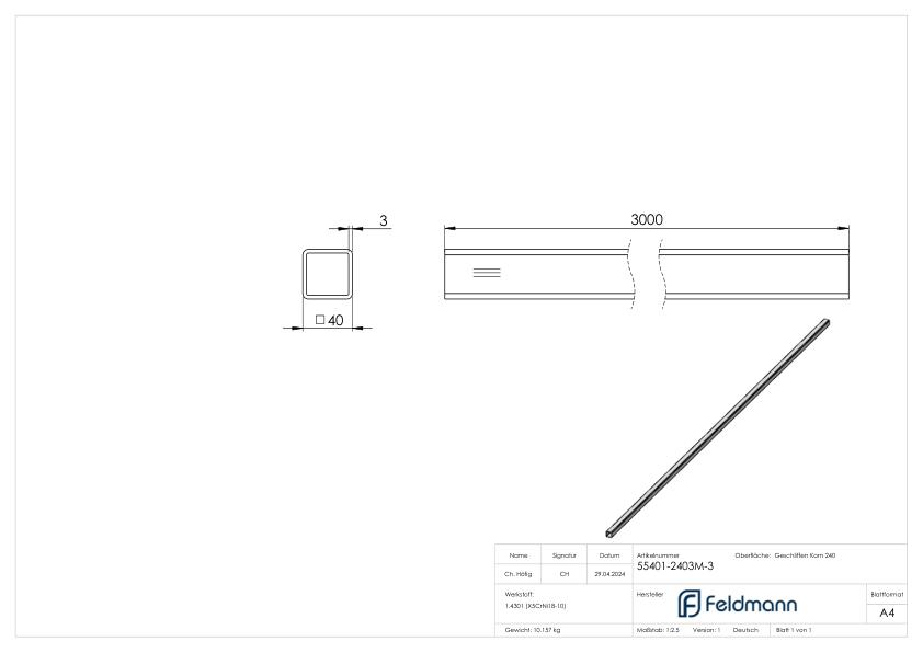 Quadratrohr, 40x40x3,0mm, L: 3000mm, V2A