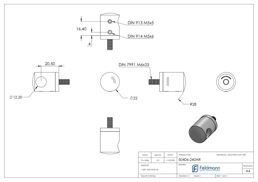 Querstabhalter für geraden Anschluss, Sackloch rechts 12,2mm, V2A