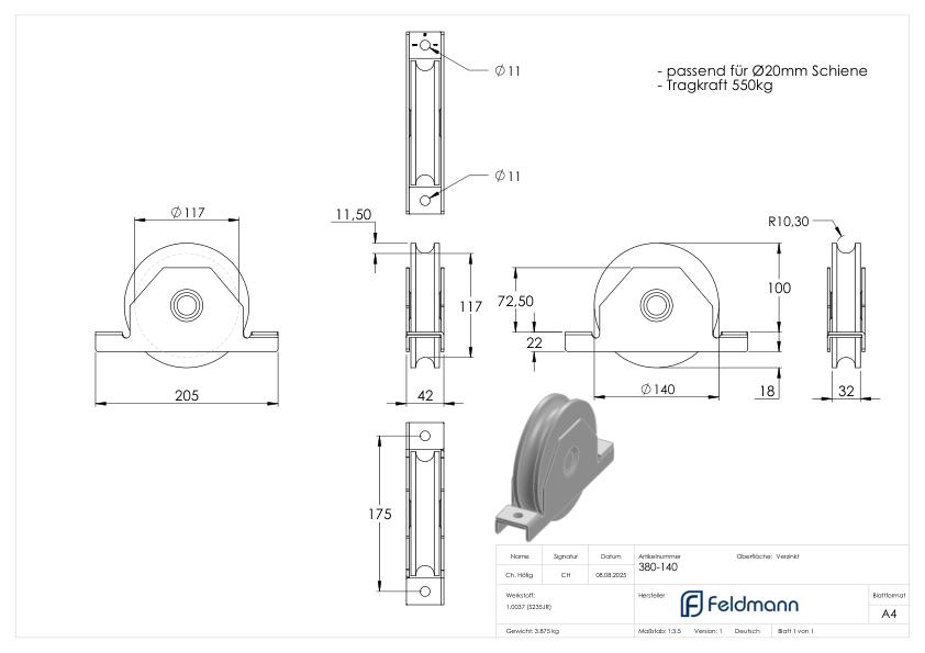 Schiebetorrolle mit Rundrille, Ø 140mm, für Schiene Ø 20mm, 2 Kugellager, verzinkt