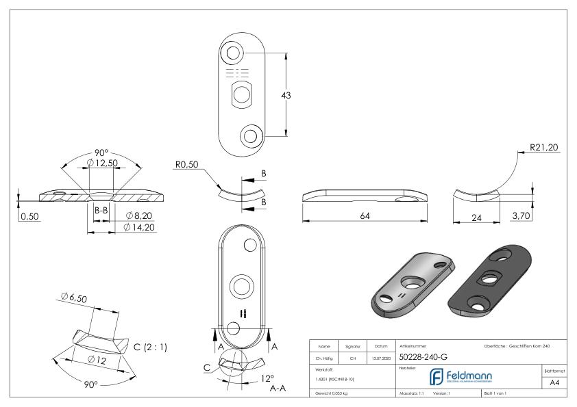 Handlaufanschlussplatte, 42,4mm, Bohrungen versetzt + gesenkt, V2A