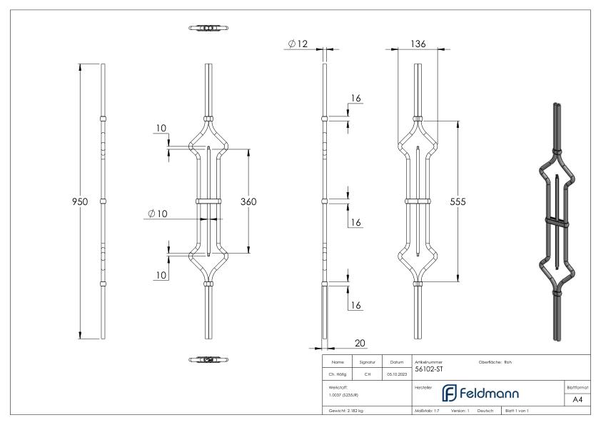 Designstab Ø 12mm, H: 950mm, für 2x Kugel 25mm